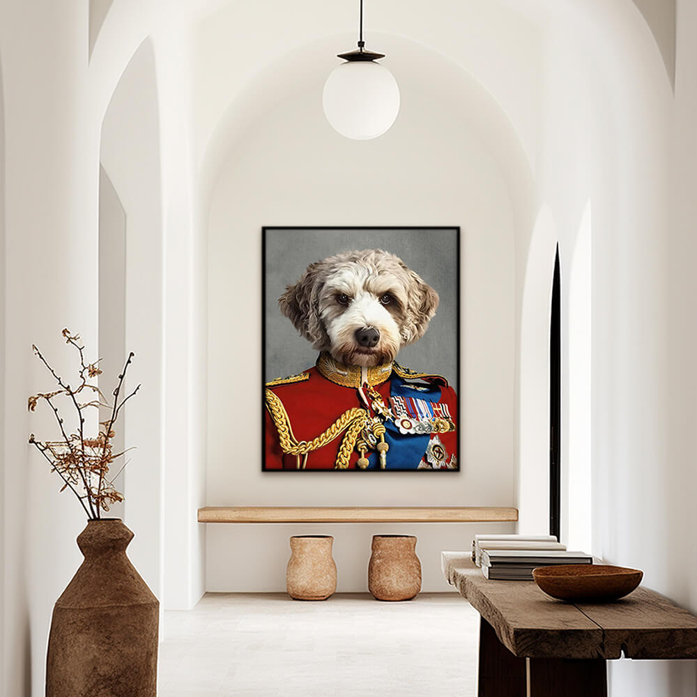 Custom royal pet portrait wall art. Cockapoo dog wearing a regal red English military suit.