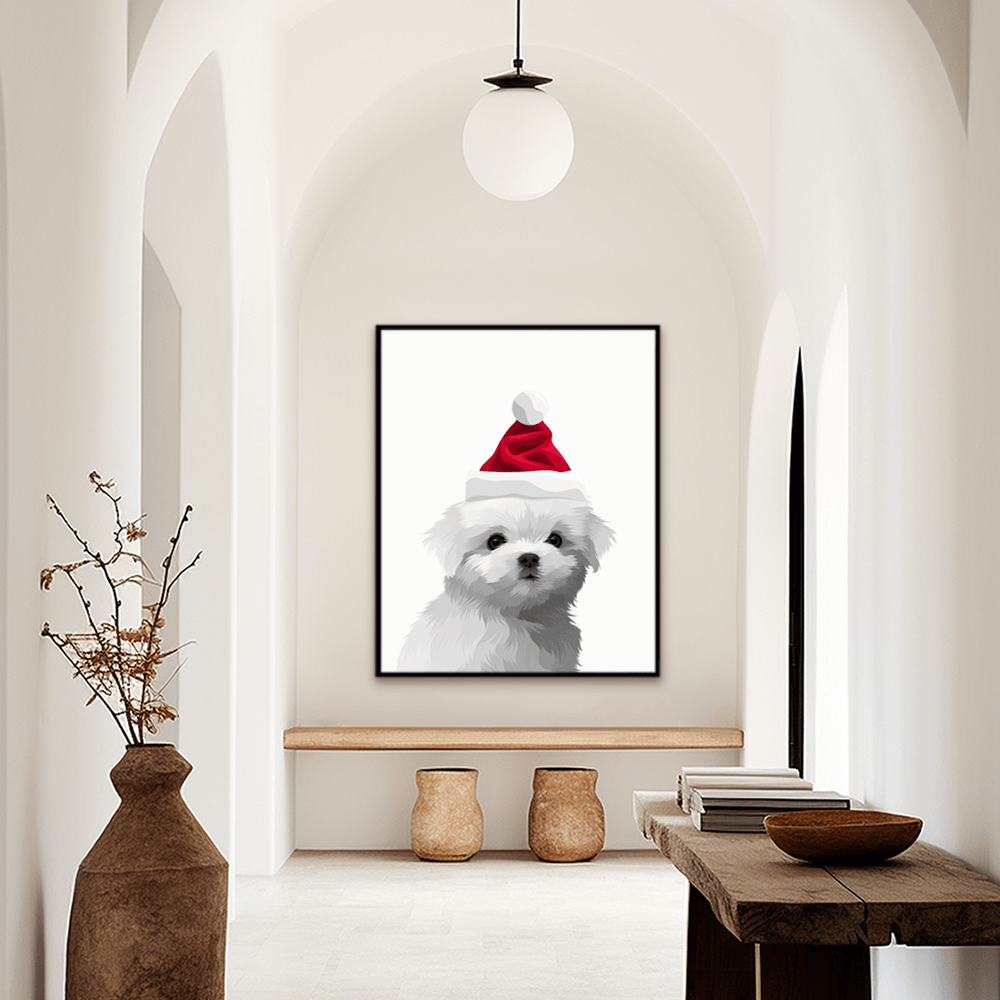 Custom holiday pet portrait hallway wall art. Maltese puppy in Santa Claus hat. 