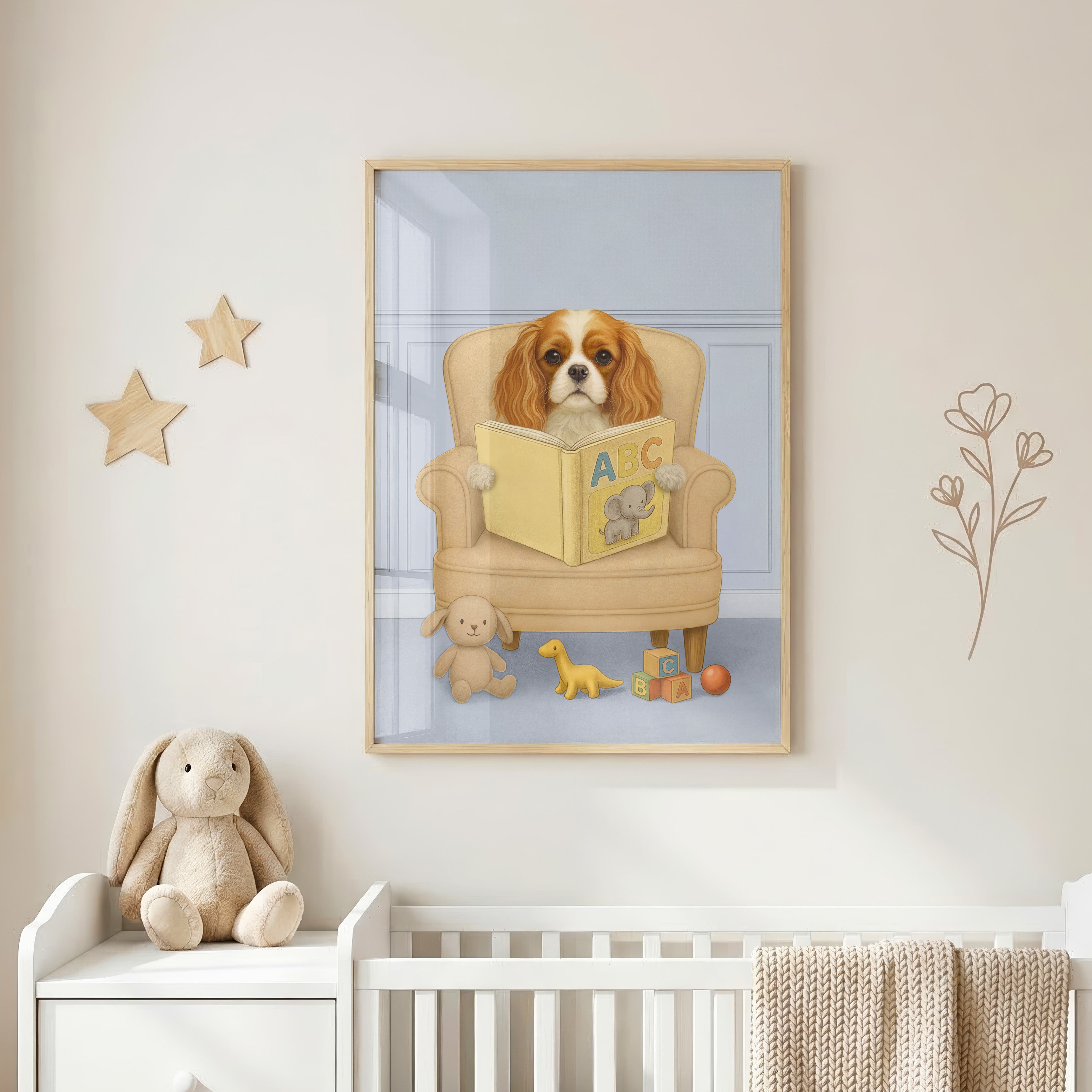 Close-up of custom pet portrait in dusty blue background color, showing a pup reading a yellow ABC book with an elephant illustration, surrounded by plush toys and alphabet blocks.