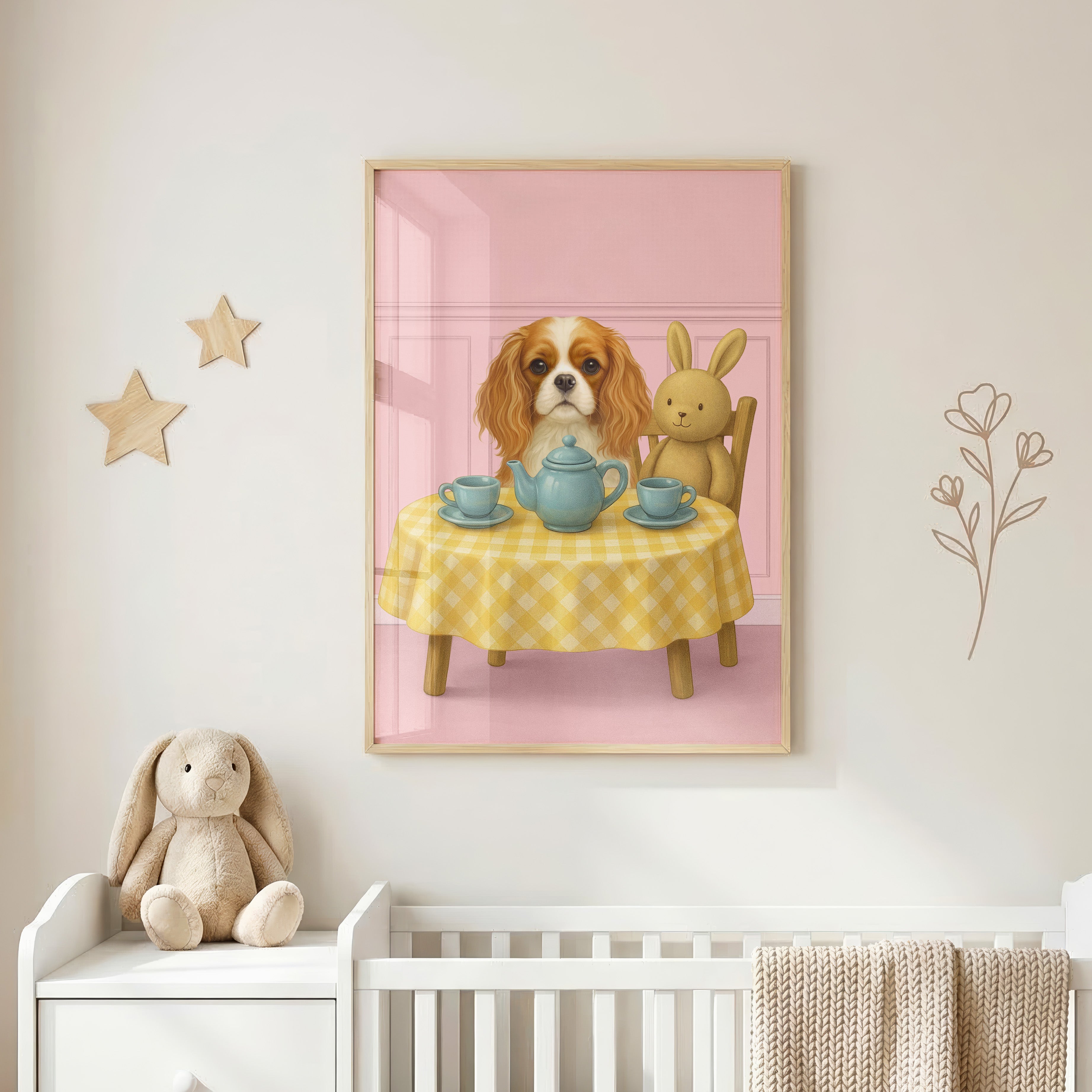 Close-up of custom nursery pet portrait in a baby pink wall art set featuring a pup having tea party with a cute bunny