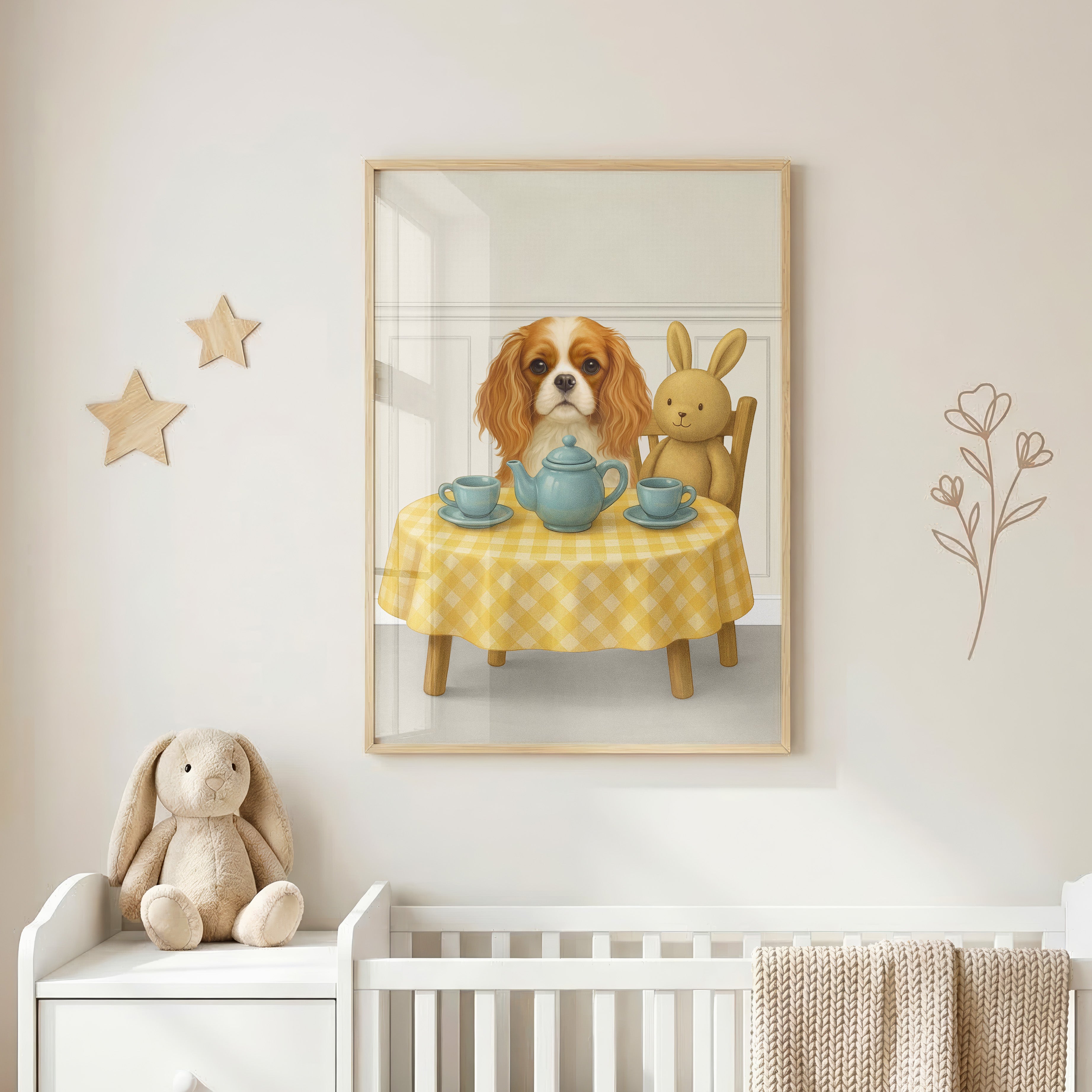 Close-up of custom nursery pet portrait in a dove gray wall art set featuring a pup having tea party with a cute bunny