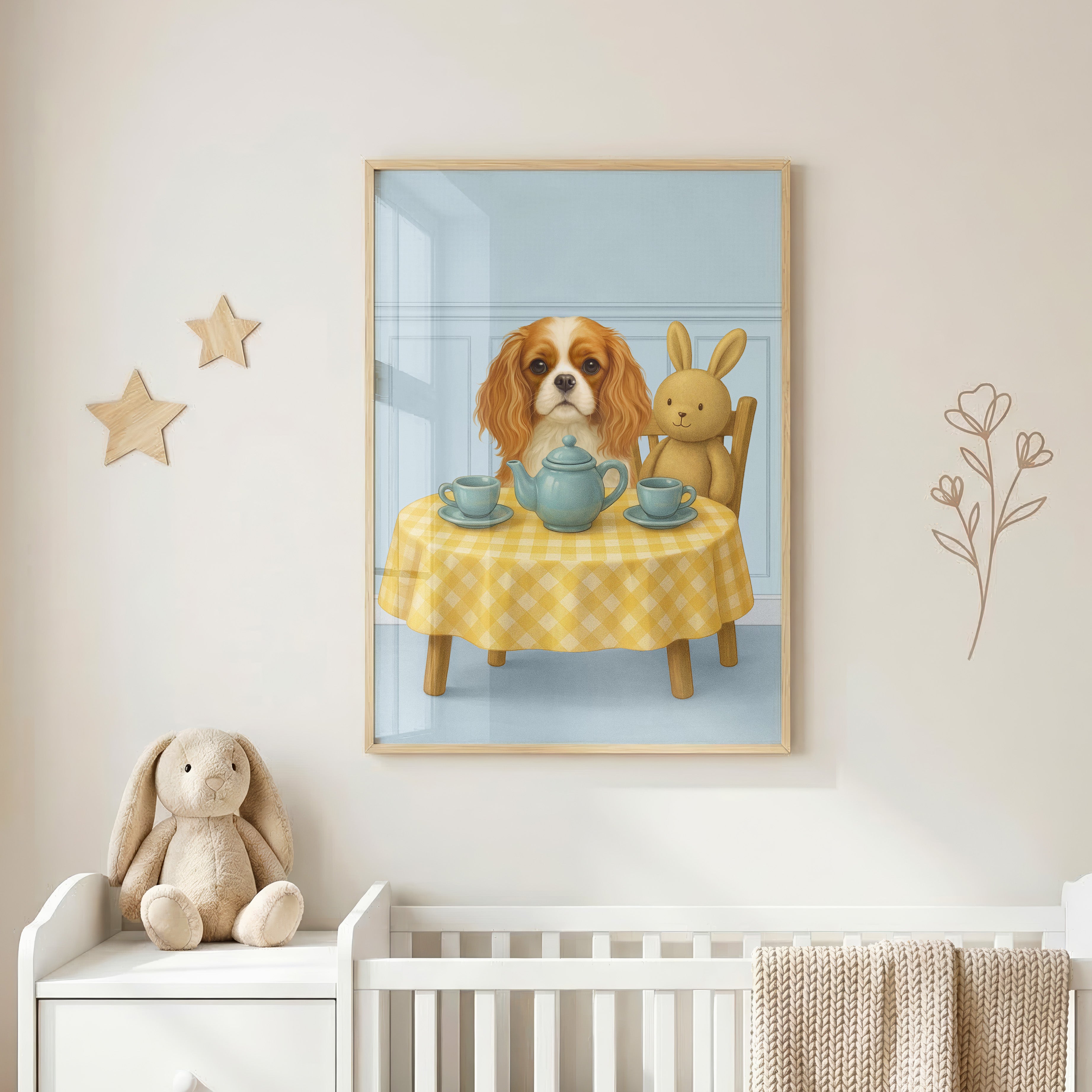 Close-up of custom nursery pet portrait in a light blue wall art set featuring a pup having tea party with a cute bunny