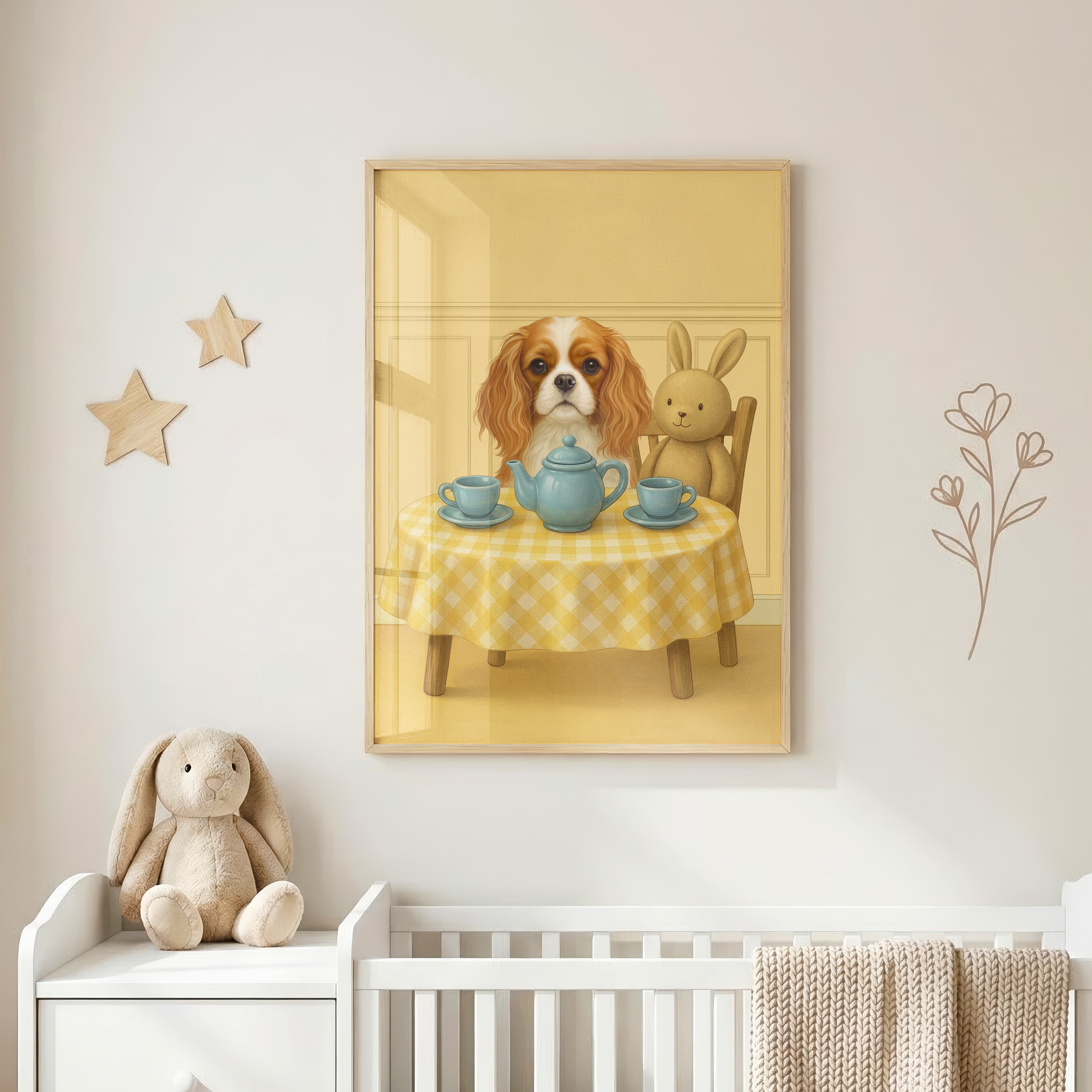 Close-up of custom nursery pet portrait in a soft yellow wall art set featuring a pup having tea party with a cute bunny