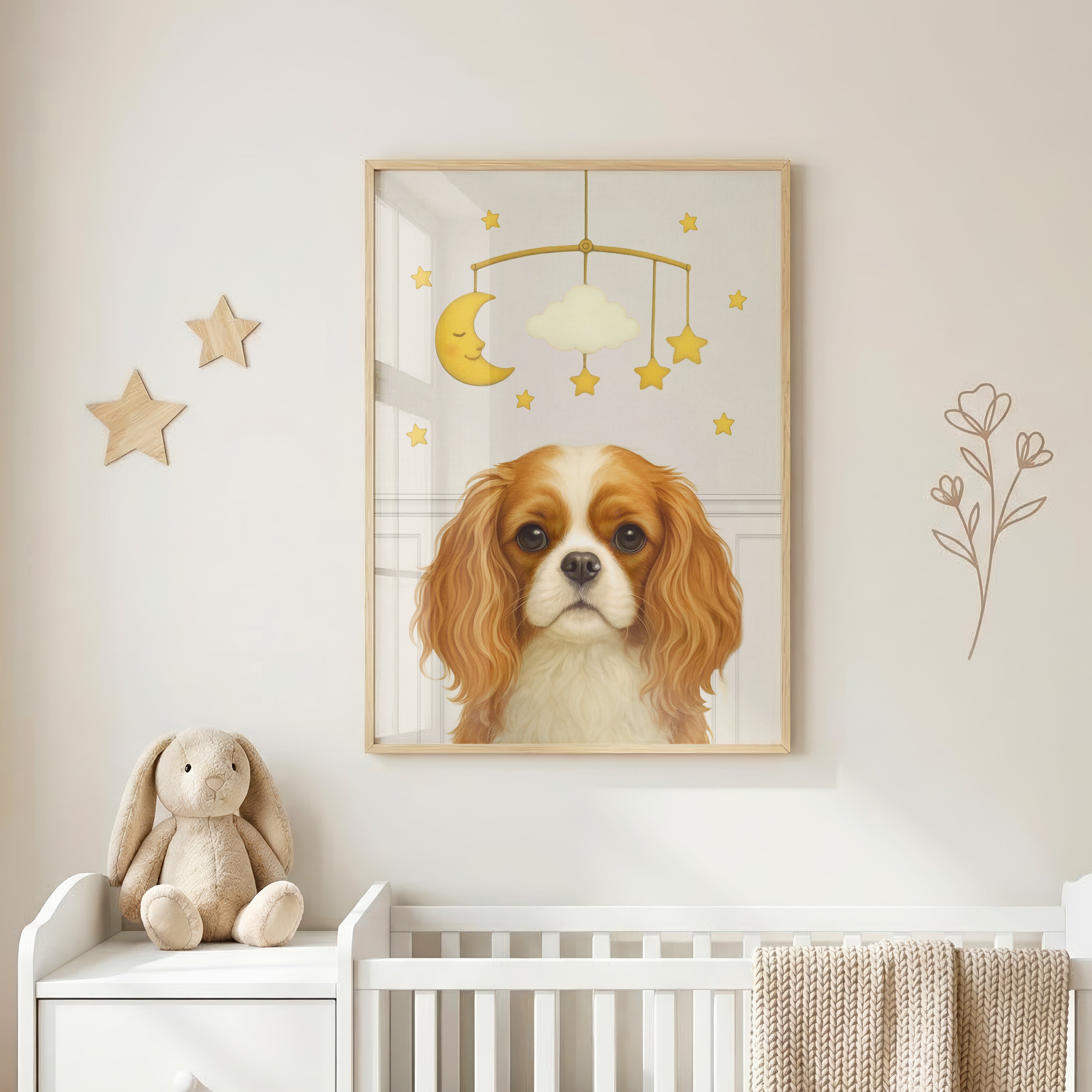 Close-up of handcrafted nursery pet portrait in dove gray backdrop showcasing a charming pup seated beneath a whimsical mobile.
