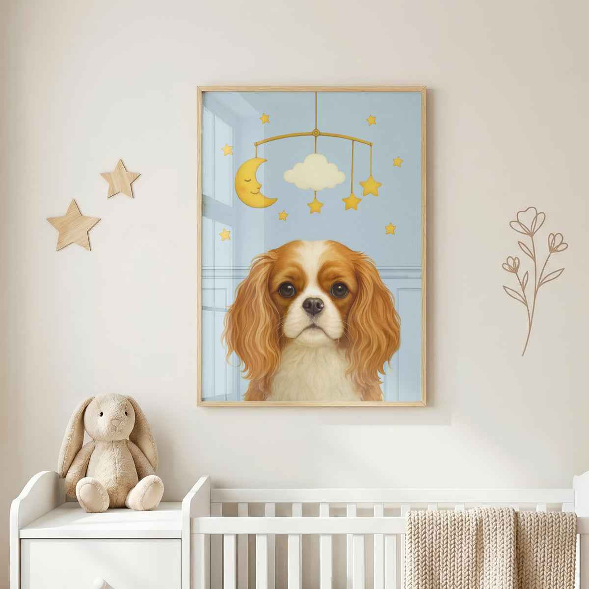 Close-up of handcrafted nursery pet portrait in light blue backdrop showcasing a charming pup seated beneath a whimsical mobile.