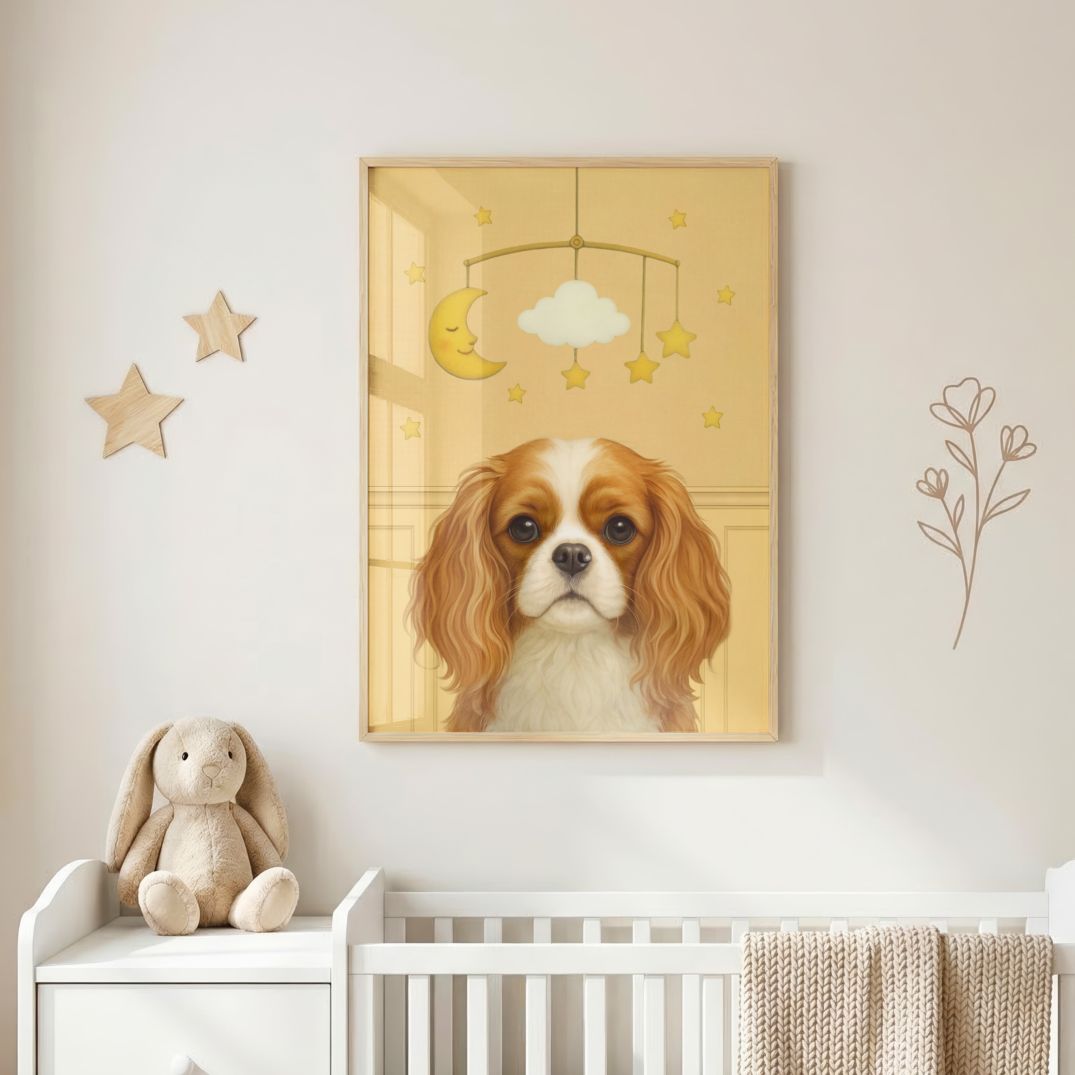 Close-up of handcrafted nursery pet portrait in soft yellow backdrop showcasing a charming pup seated beneath a whimsical mobile.