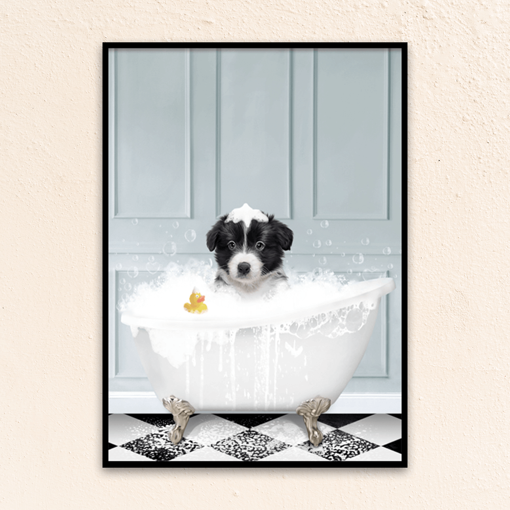 Custom funny pet portrait wall art, Border Collie puppy in bath tub with rubber duckie and black and white checker tiled floor.