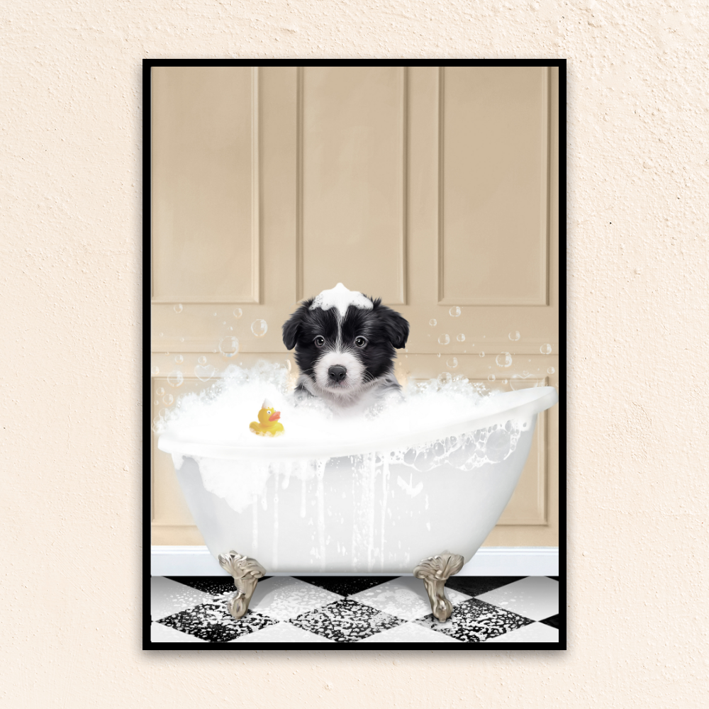 Custom funny pet portrait wall art, Border Collie puppy in bath tub with rubber duckie and black and white checker tiled floor.