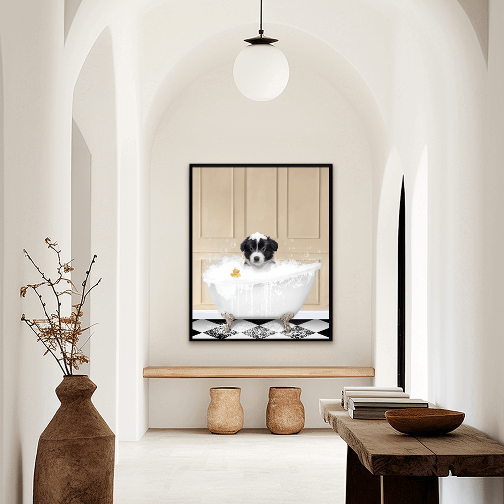 Custom funny pet portrait hallway wall art, Border Collie puppy in bath tub with rubber duckie and black and white checker tiled floor.