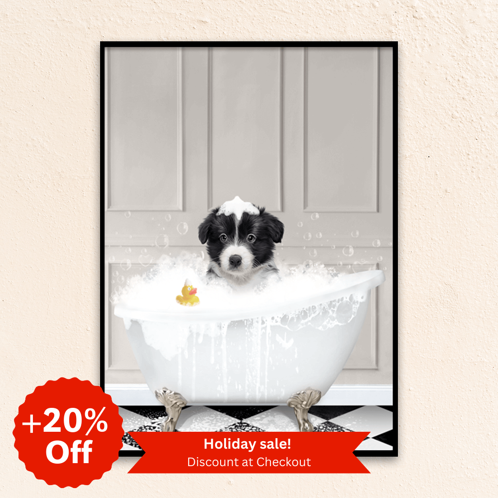 Custom funny pet portrait wall art, Border Collie puppy in bath tub with rubber duckie and black and white checker tiled floor.