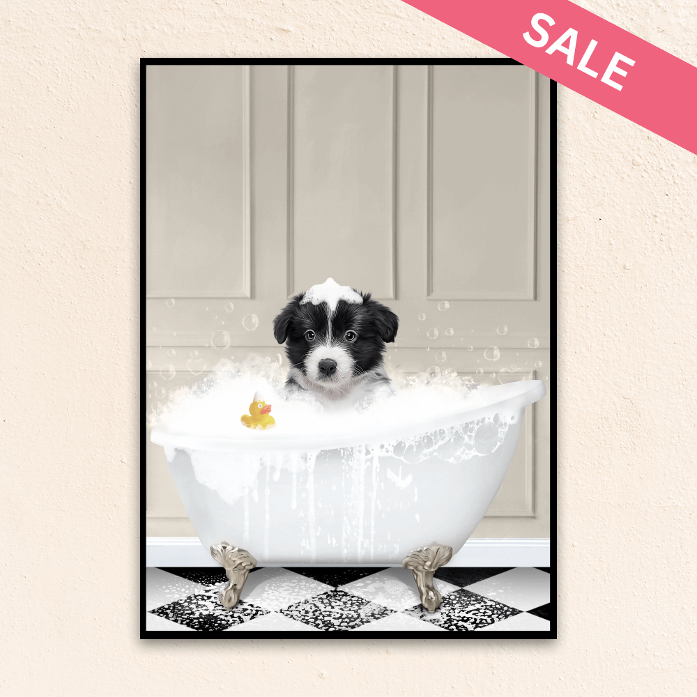 Custom funny pet portrait wall art, Border Collie puppy in bath tub with rubber duckie and black and white checker tiled floor.