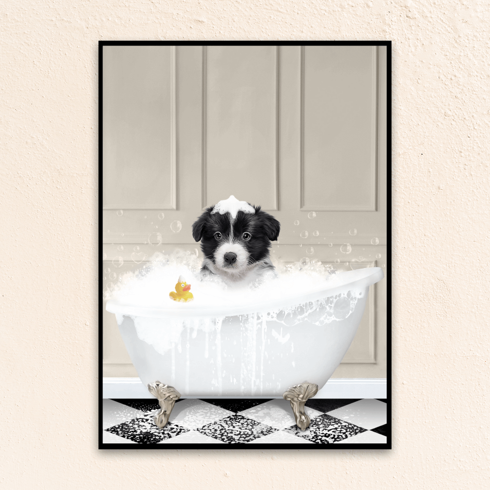 Custom funny pet portrait wall art, Border Collie puppy in bath tub with rubber duckie and black and white checker tiled floor.