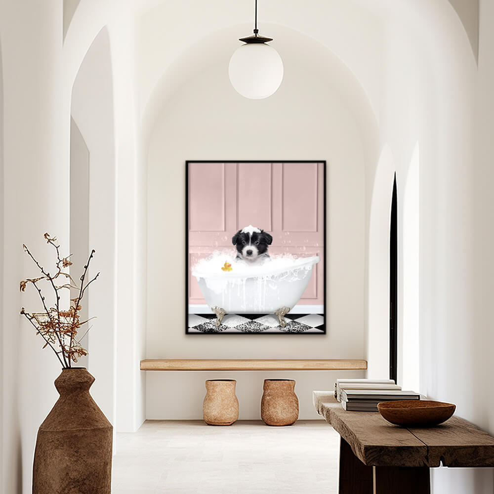 Custom funny pet portrait wall art, Border Collie puppy in bath tub with rubber duckie and black and white checker tiled floor.