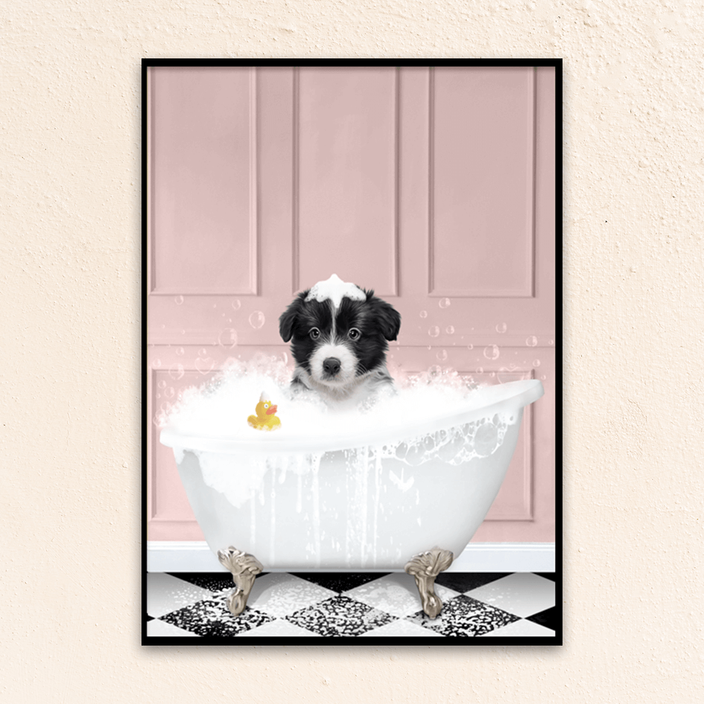 Custom funny pet portrait wall art, Border Collie puppy in bath tub with rubber duckie and black and white checker tiled floor.