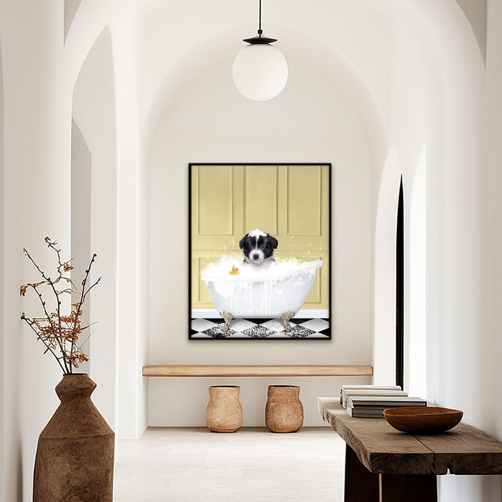 Custom funny pet portrait wall art, Border Collie puppy in bath tub with rubber duckie and black and white checker tiled floor.