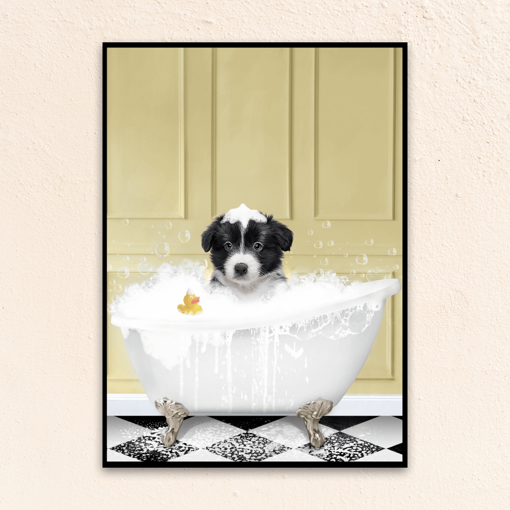 Custom funny pet portrait wall art, Border Collie puppy in bath tub with rubber duckie and black and white checker tiled floor.
