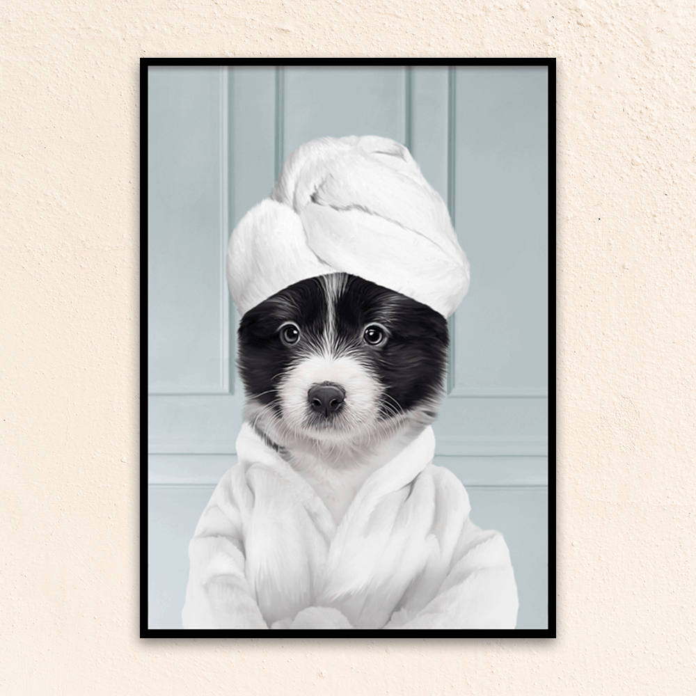 Custom funny pet portrait  wall art, Border Collie puppy in bathrobe and towel at spa.