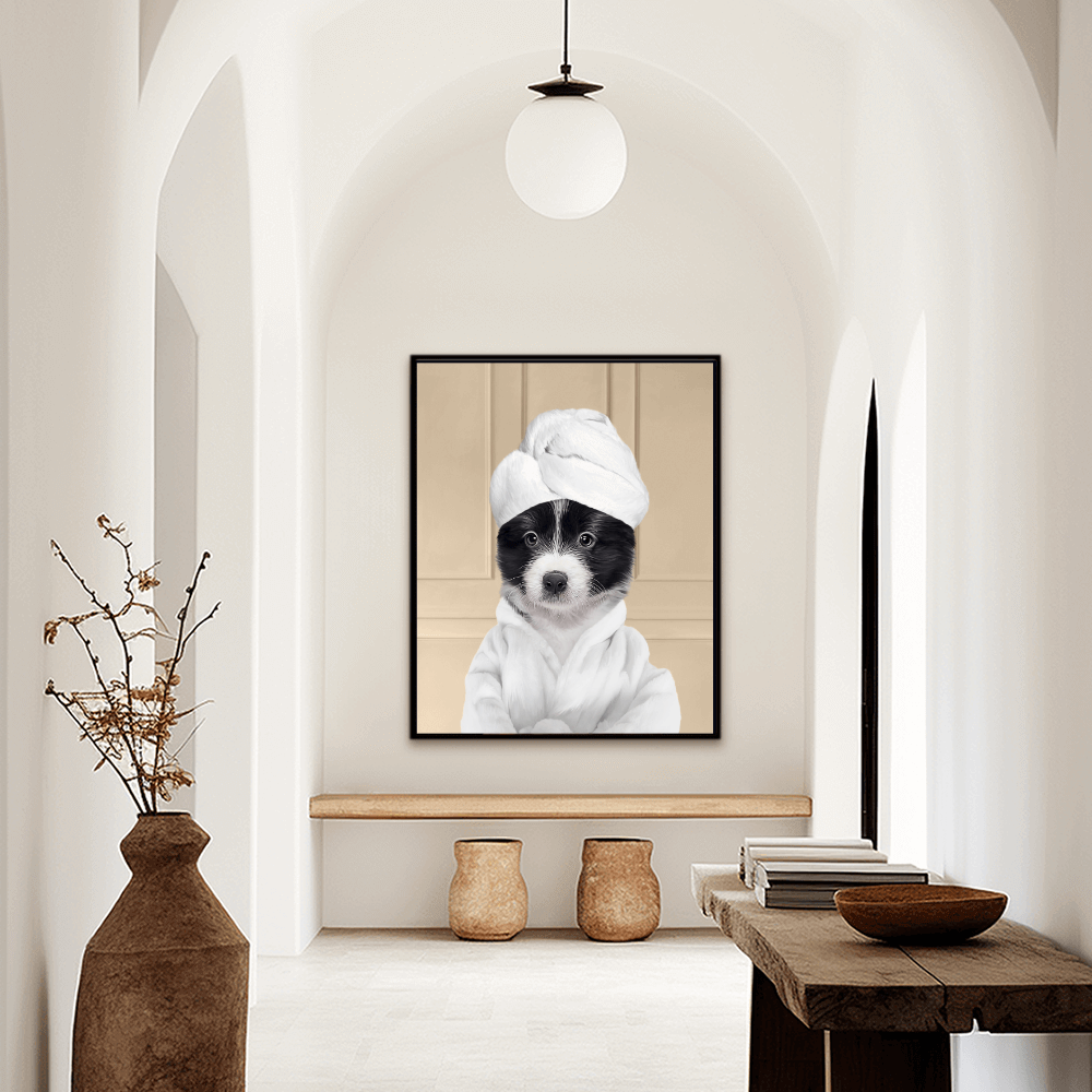 Custom funny pet portrait  wall art, Border Collie puppy in bathrobe and towel at spa.