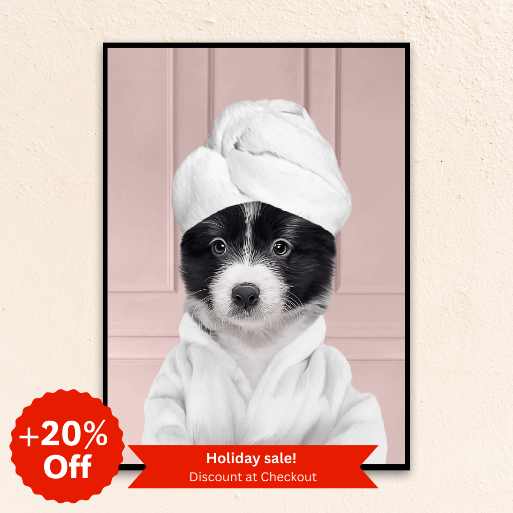 Custom funny pet portrait  wall art, Border Collie puppy in bathrobe and towel at spa.