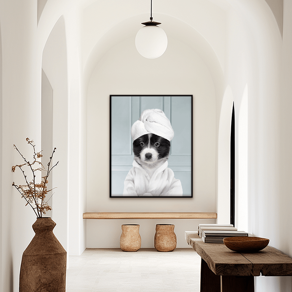 Custom funny pet portrait hallway wall art, Border Collie puppy in bathrobe and towel at spa.