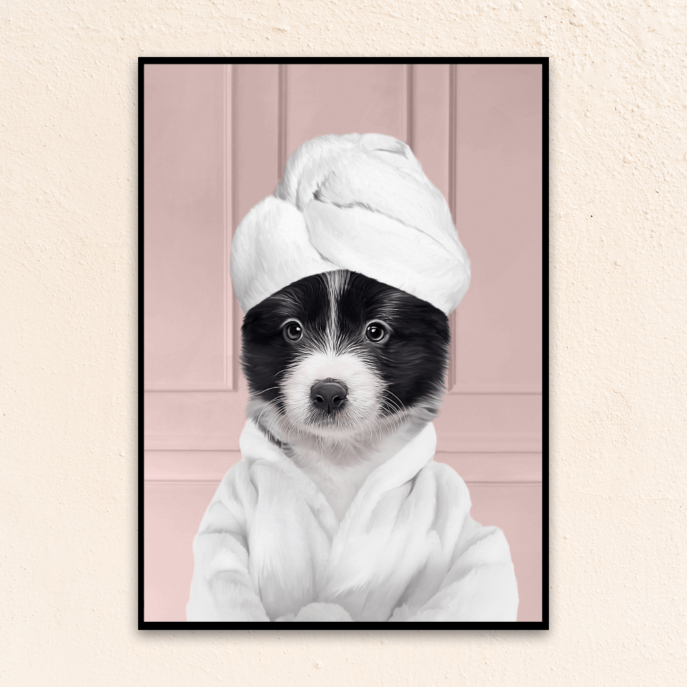 Custom funny pet portrait  wall art, Border Collie puppy in bathrobe and towel at spa.