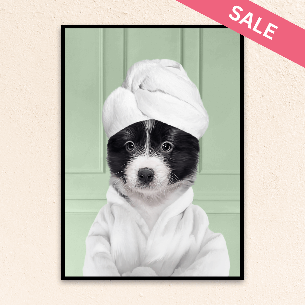 Custom funny pet portrait  wall art, Border Collie puppy in bathrobe and towel at spa.