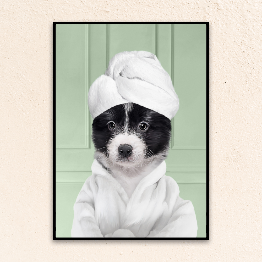 Custom funny pet portrait  wall art, Border Collie puppy in bathrobe and towel at spa.