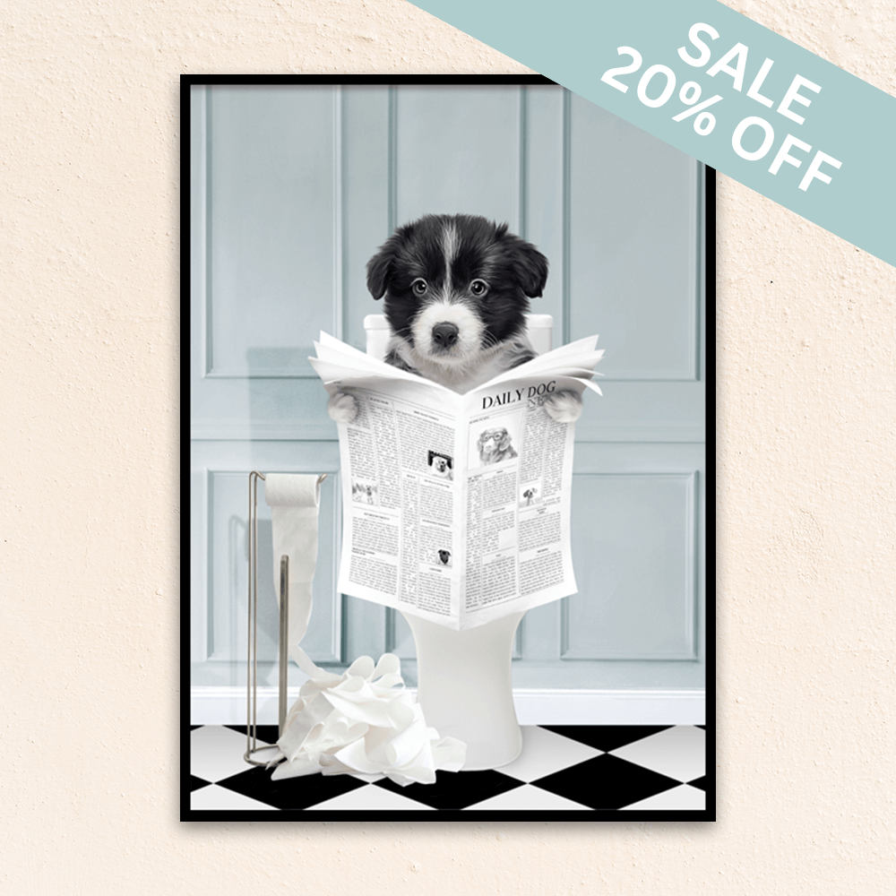 Custom funny pet portrait wall art. Border Collie puppy holding newspaper on toilet with black and white checker tiled floor.