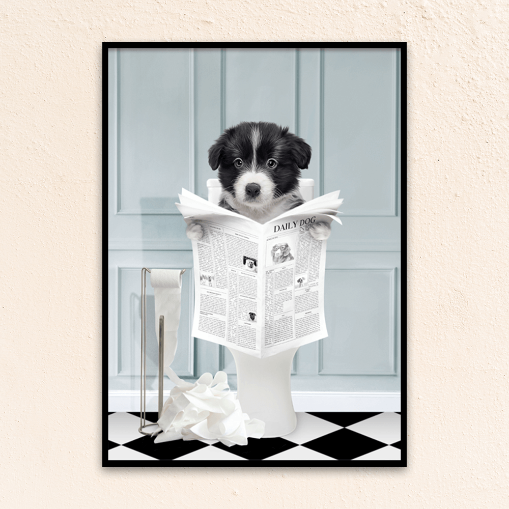 Custom funny pet portrait wall art. Border Collie puppy holding newspaper on toilet with black and white checker tiled floor.