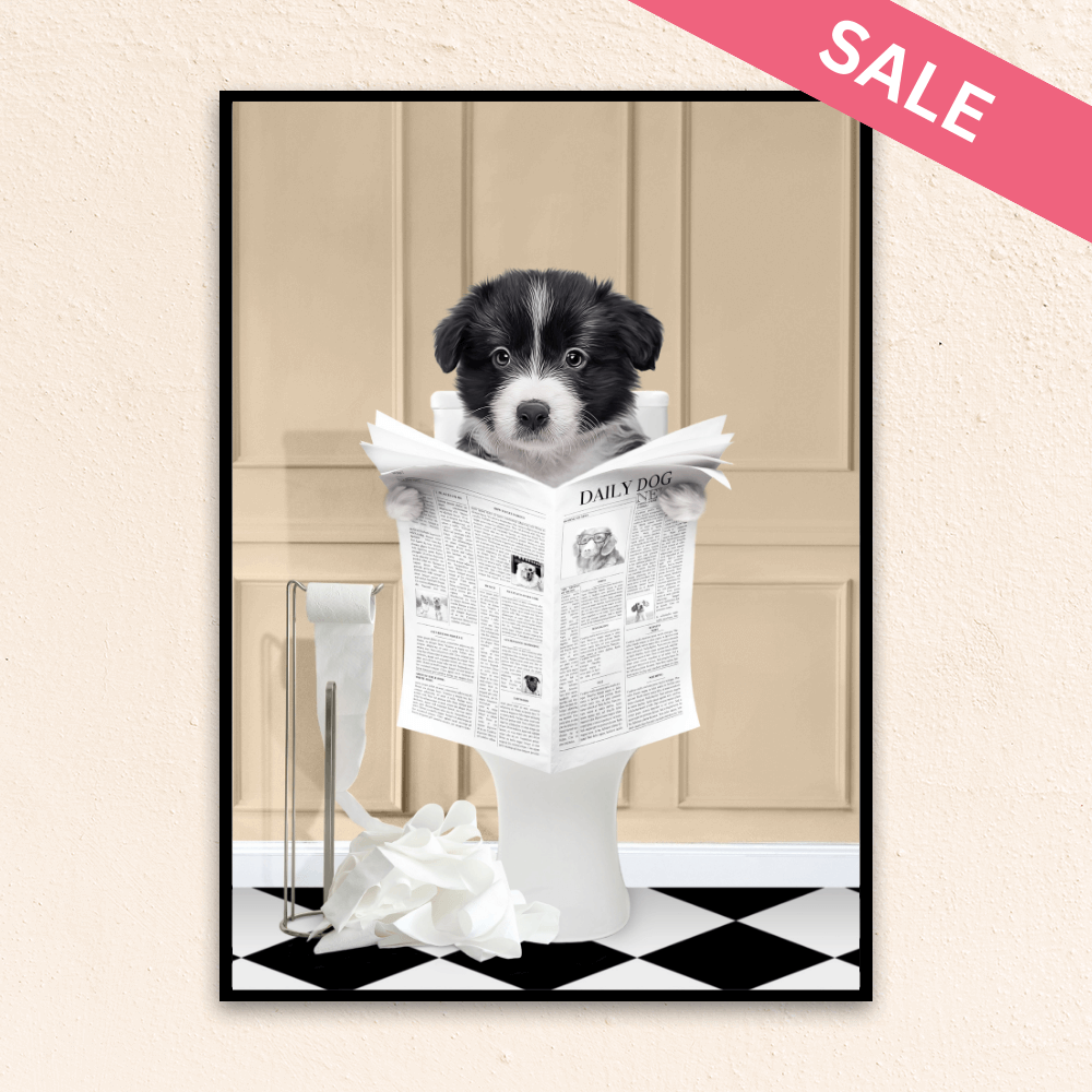 Custom funny pet portrait wall art. Border Collie puppy holding newspaper on toilet with black and white checker tiled floor.