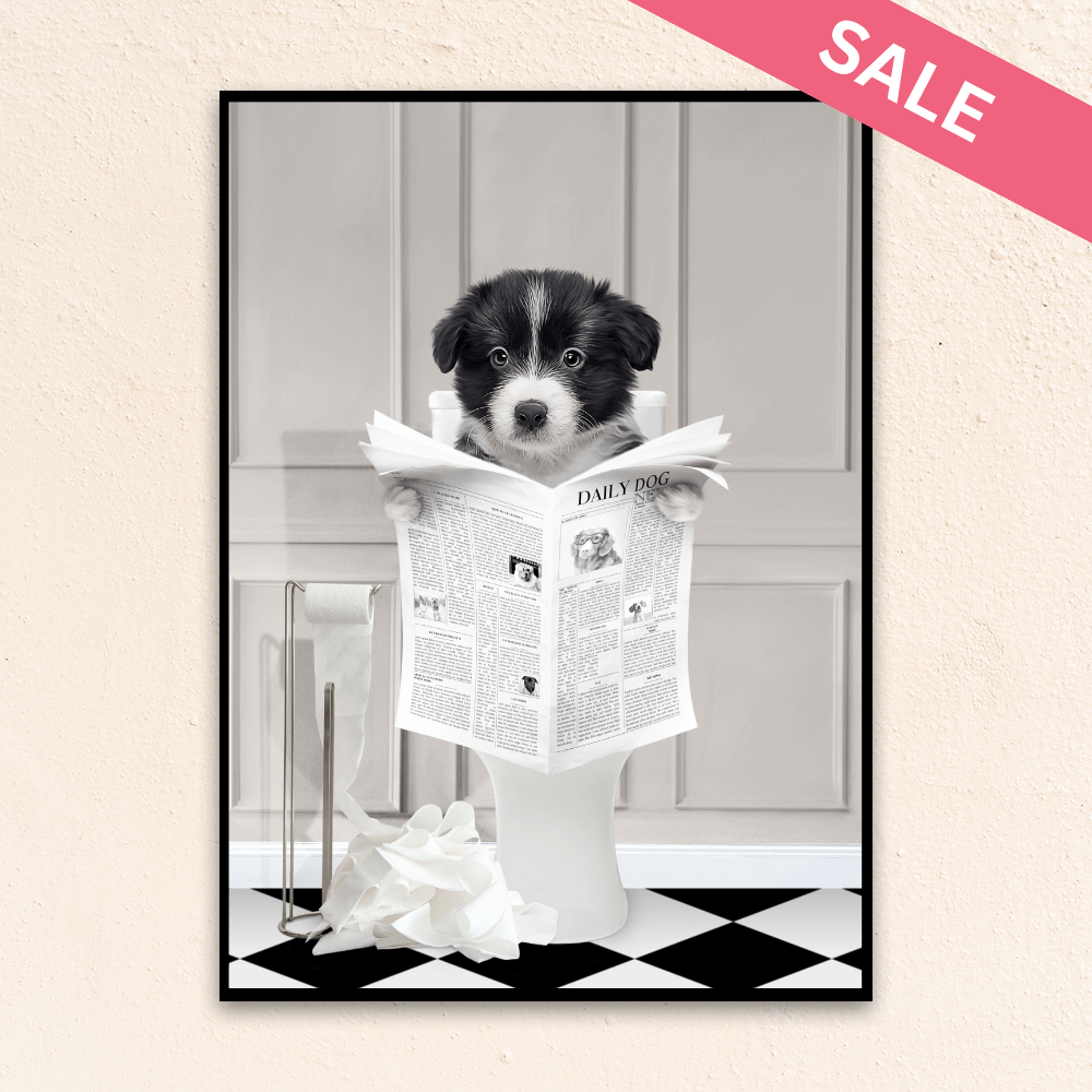 Custom funny pet portrait wall art. Border Collie puppy holding newspaper on toilet with black and white checker tiled floor.