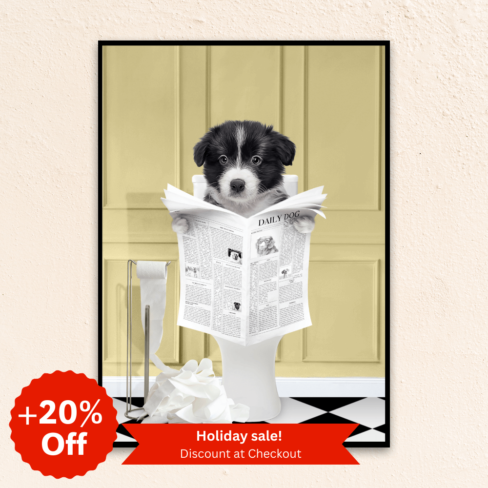 Custom funny pet portrait wall art. Border Collie puppy holding newspaper on toilet with black and white checker tiled floor.