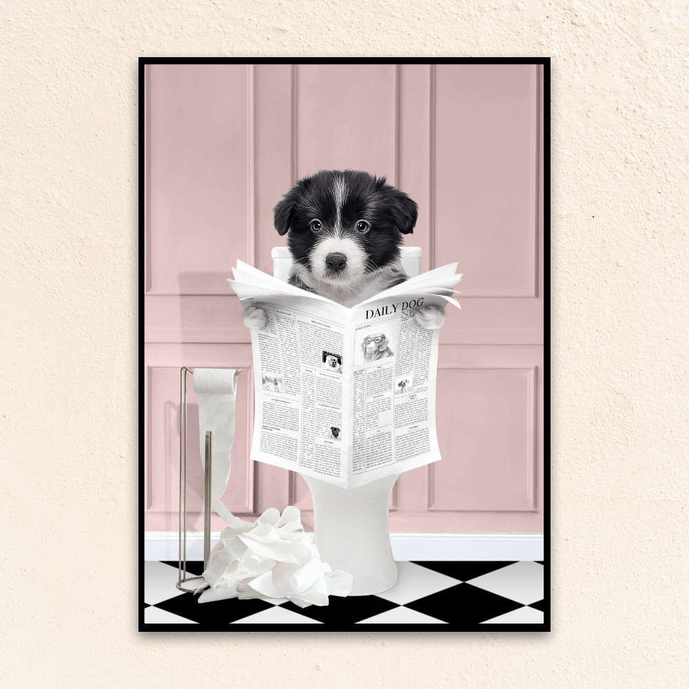 Custom funny pet portrait wall art. Border Collie puppy holding newspaper on toilet with black and white checker tiled floor.