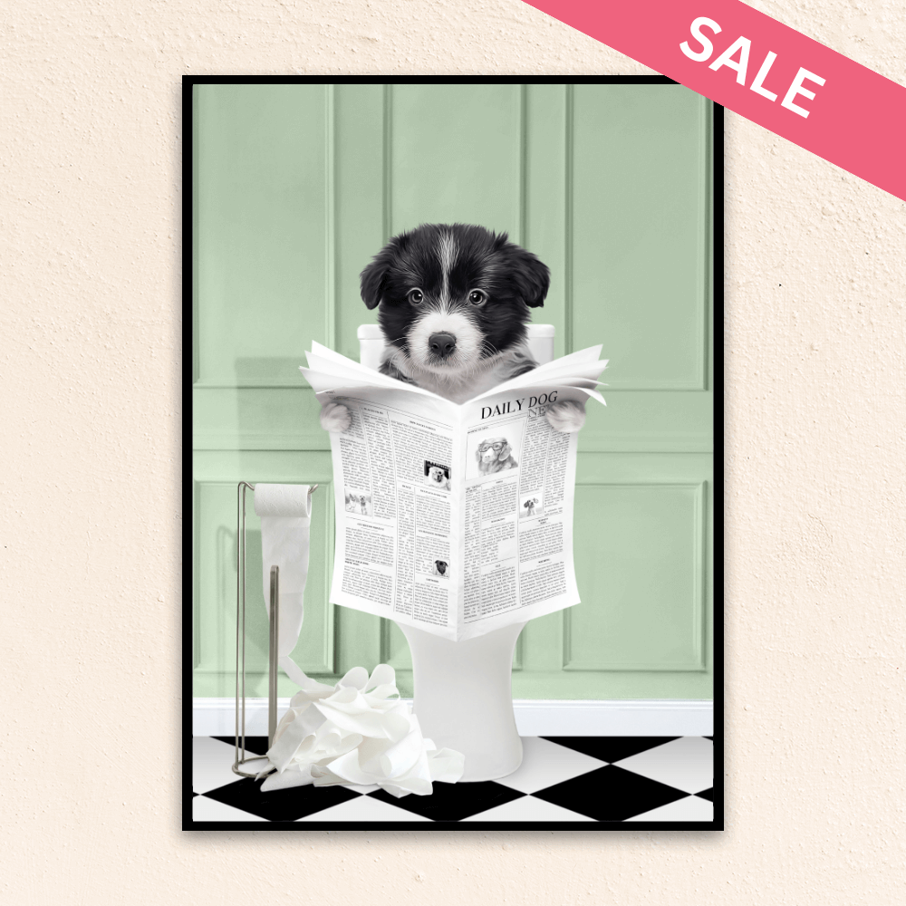 Custom funny pet portrait wall art. Border Collie puppy holding newspaper on toilet with black and white checker tiled floor.