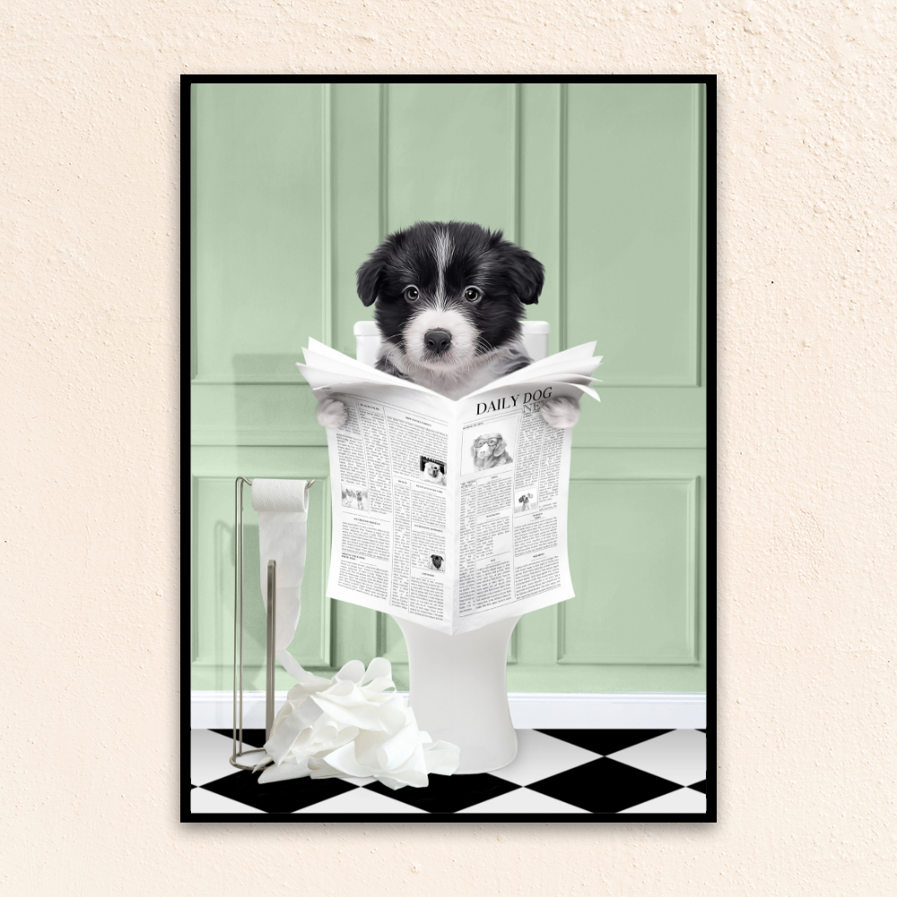 Custom funny pet portrait wall art. Border Collie puppy holding newspaper on toilet with black and white checker tiled floor.