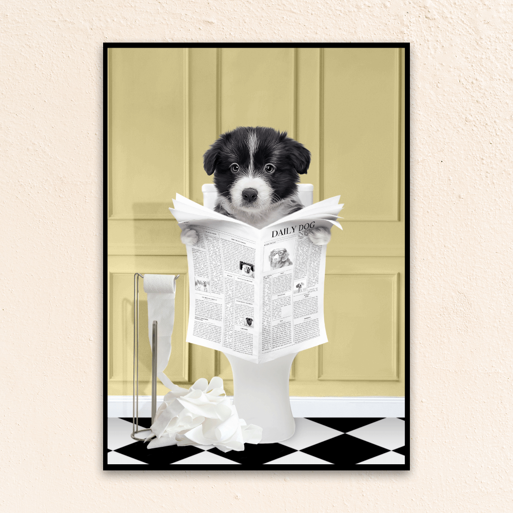 Custom funny pet portrait wall art. Border Collie puppy holding newspaper on toilet with black and white checker tiled floor.