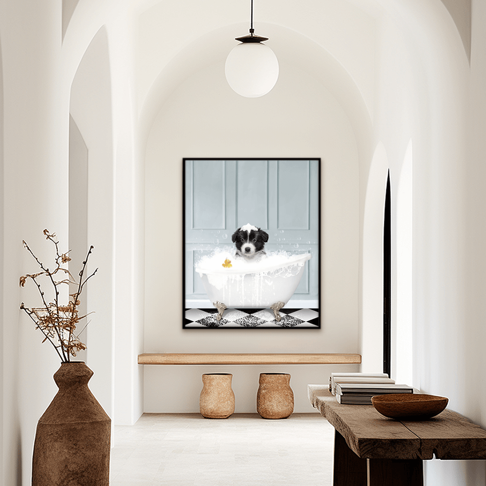 Custom funny pet portrait hallway wall art, Border Collie puppy in bath tub with rubber duckie and black and white checker tiled floor.