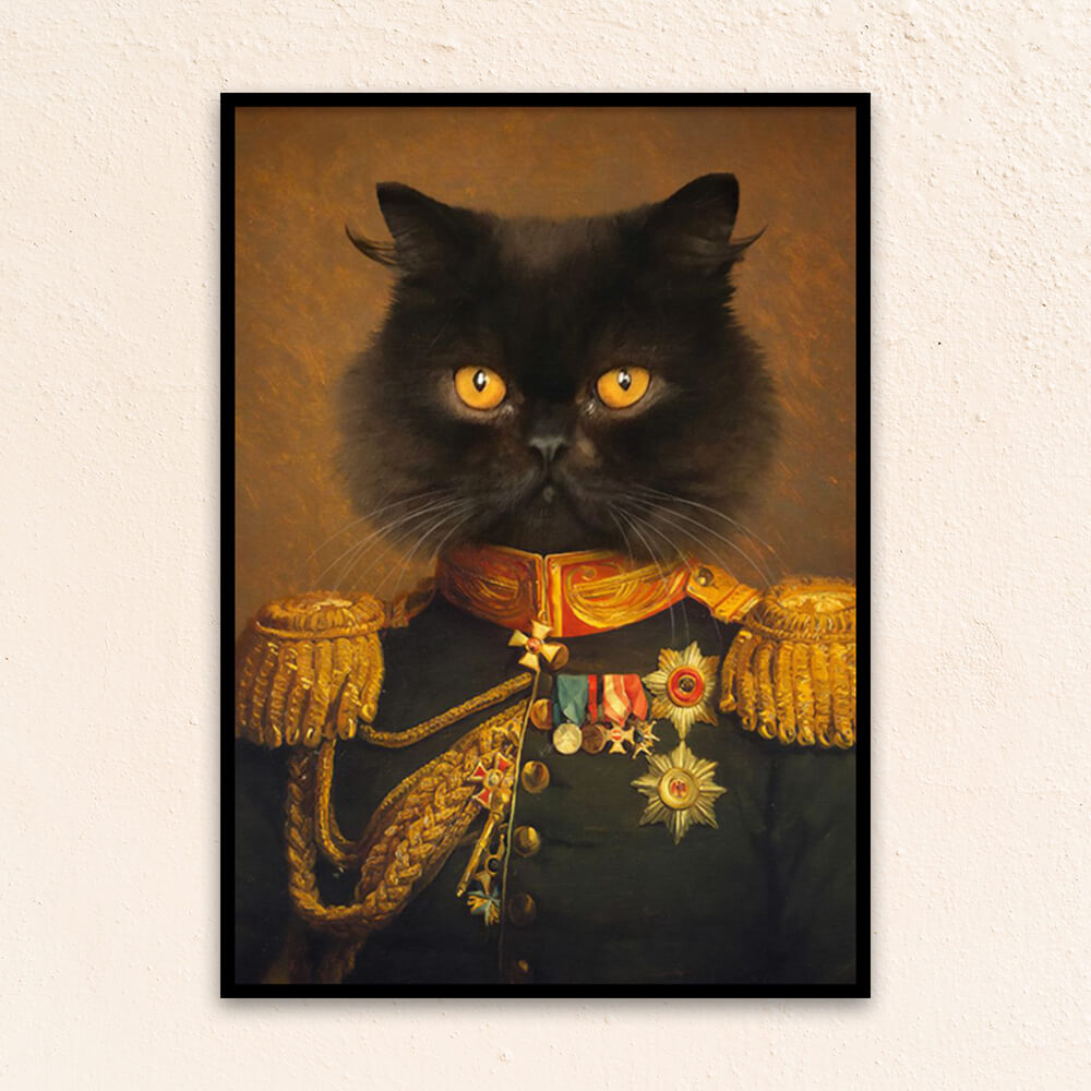 Custom military pet portrait wall art. Black cat wearing renaissance military costume with medals and red and gold collar. 