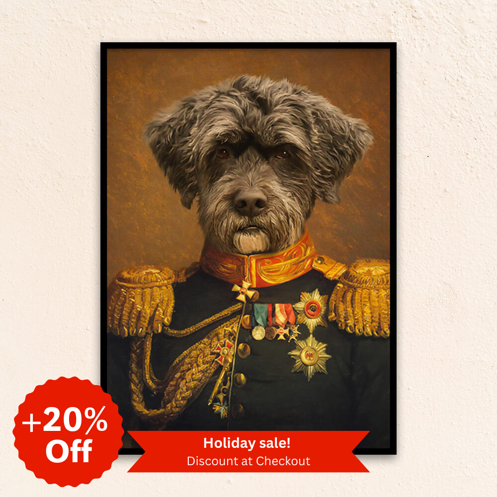 Custom military pet portrait wall art.  Otterhound dog wearing renaissance military costume with medals and red and gold collar. 