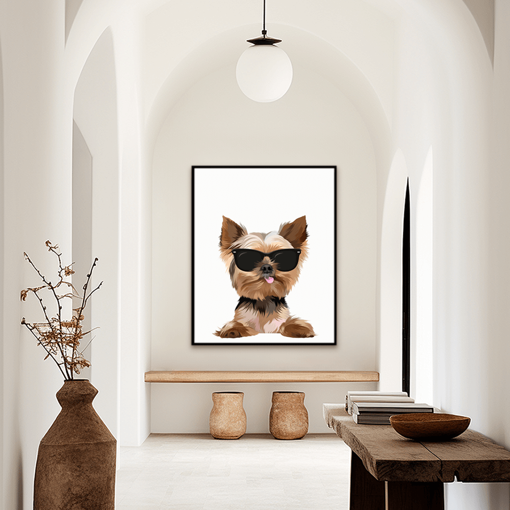 Custom funny pet portrait hallway wall art. Yorkie puppy in black wayfarer sunglasses on a white poster background.