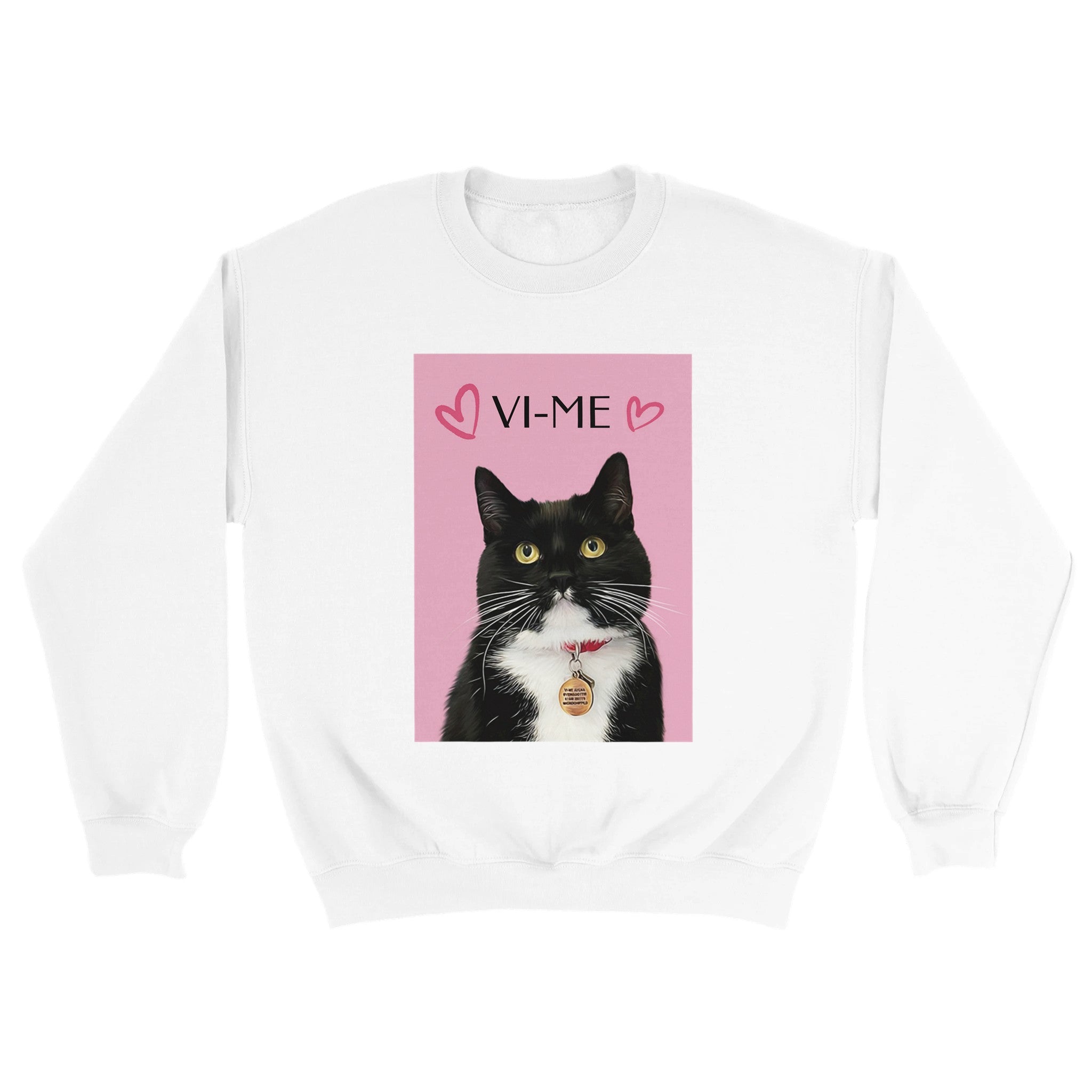 Custom minimal pet portrait on white sweatshirt. Black and white cat with pet's name at the top with red hearts on each side of the name. Picture background is pink.