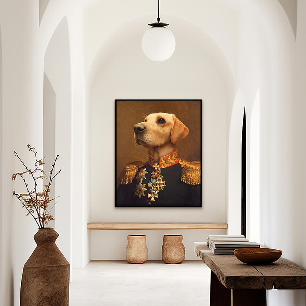 Custom military pet portrait hallway wall art. Labrador Retriever dog wearing regal general suit, with red and gold collar and medals. 