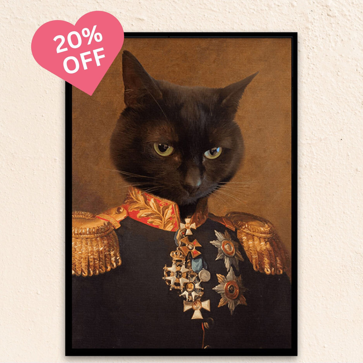 Custom medieval cat portrait of a dog as The Brigadier General, featuring a noble pose in a decorated military uniform with golden epaulettes and a confident gaze.