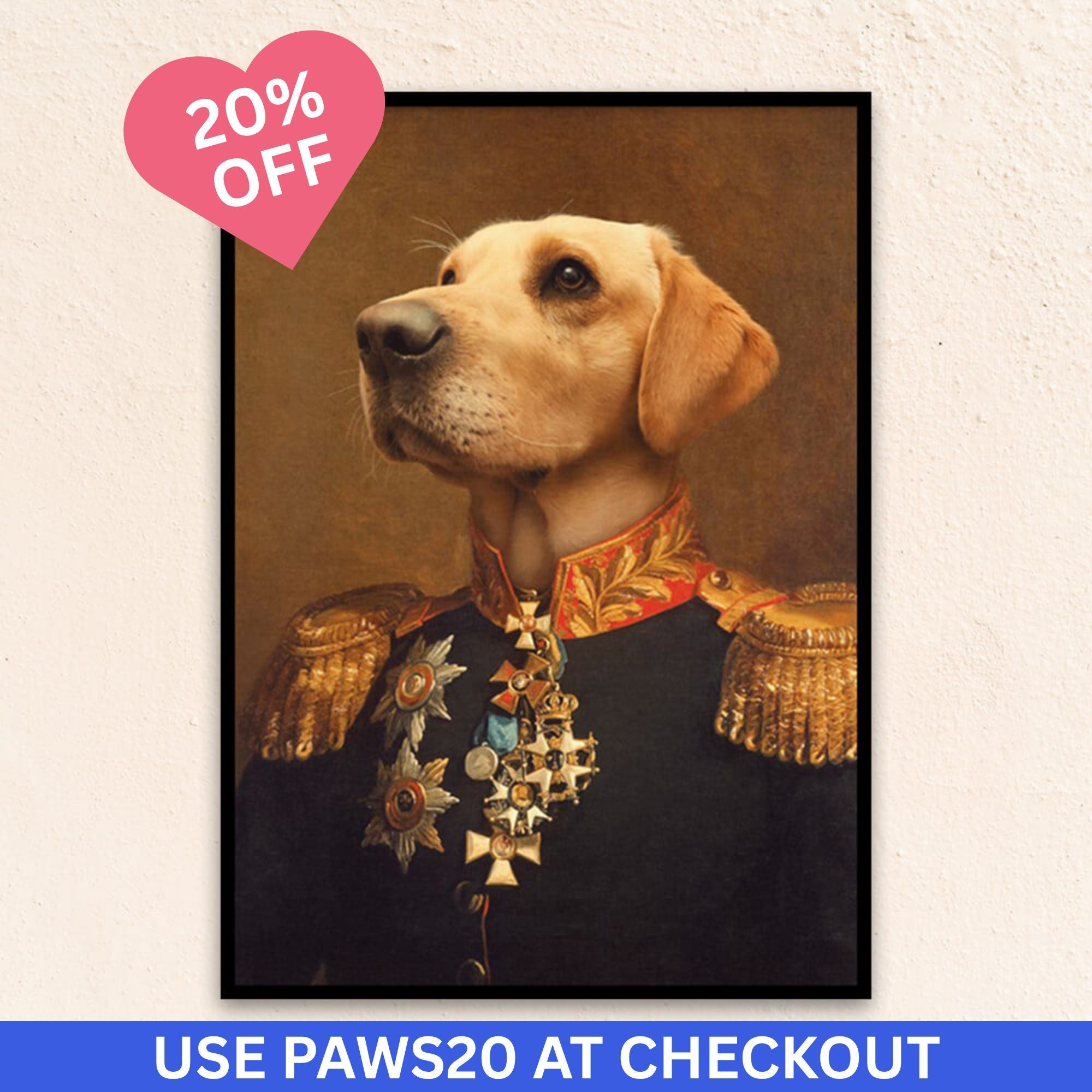 Custom medieval pet portrait of a dog as The Brigadier General, featuring a noble pose in a decorated military uniform with golden epaulettes and a confident gaze.