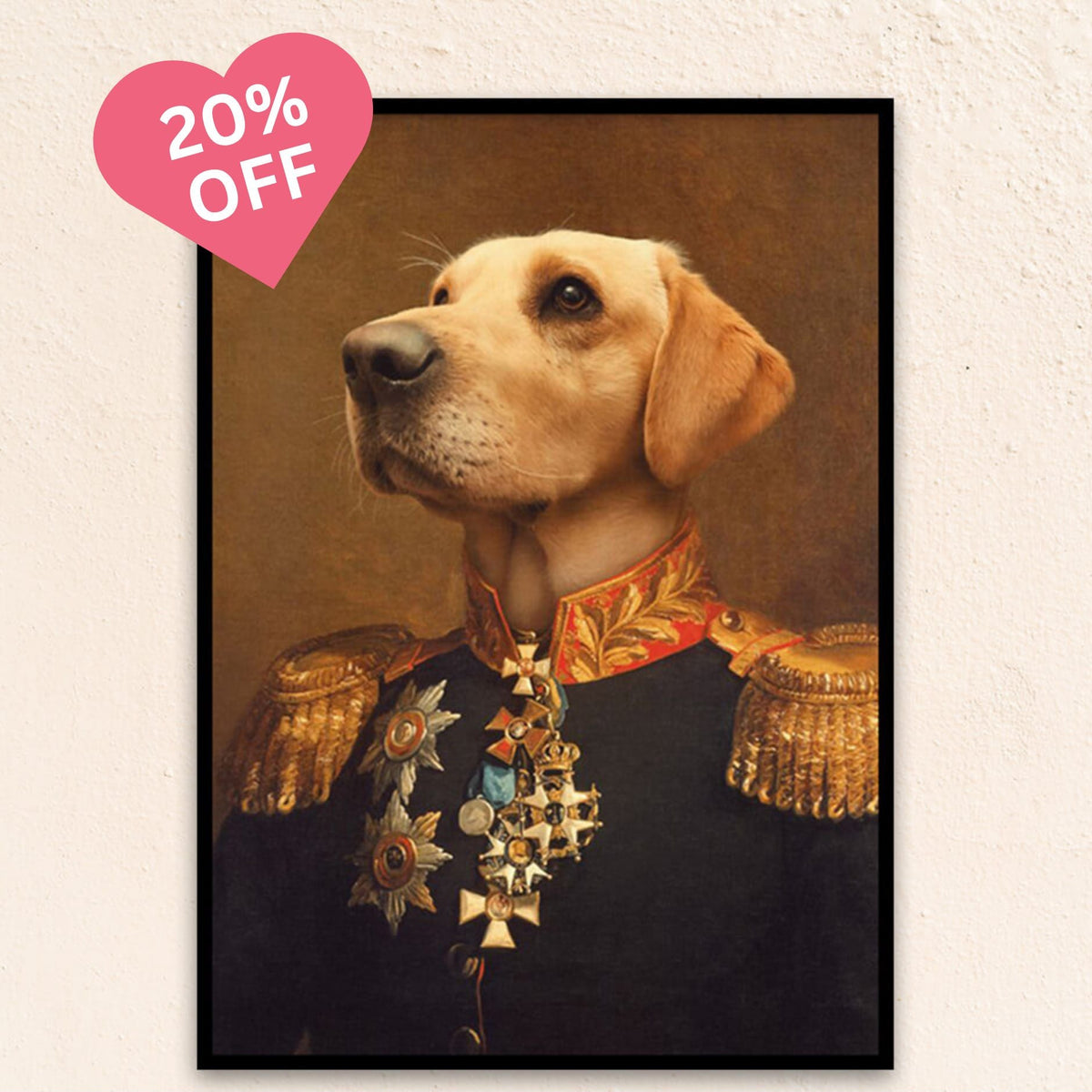 Custom regal dog portrait of a dog as The Brigadier General, featuring a noble pose in a decorated military uniform with golden epaulettes and a confident gaze.