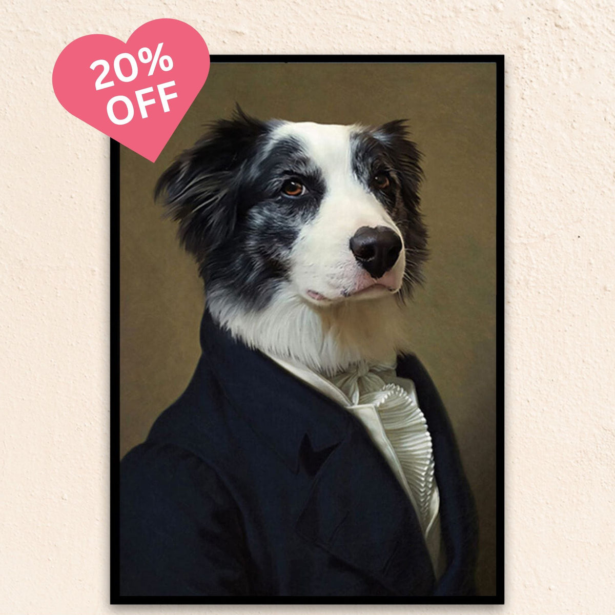 Custom regal dog portrait of The English Gentleman, featuring a poised canine in a velvet coat and cravat, exuding timeless charm and noble elegance.