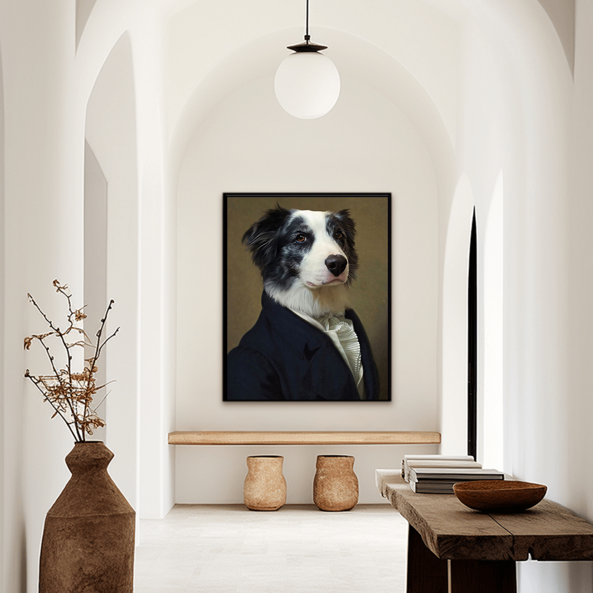 Framed English Gentleman custom regal dog portrait displayed in a hallway, showcasing its refined aesthetic and classic wall art appeal.