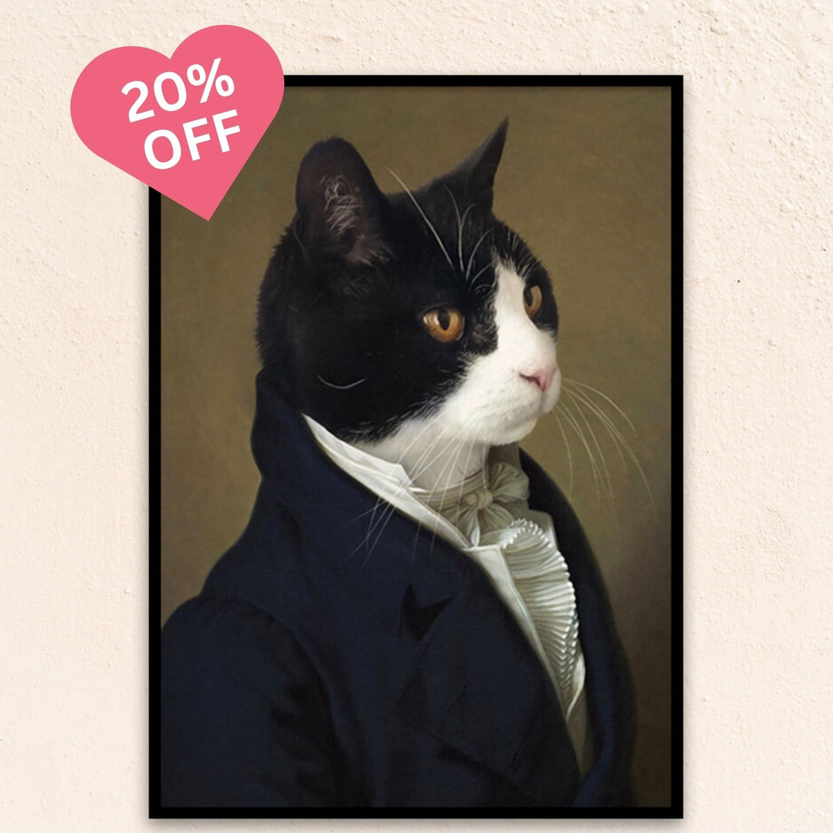 Custom regal pet portrait of The English Gentleman, featuring a poised feline in a velvet coat and cravat, exuding timeless charm and noble elegance.
