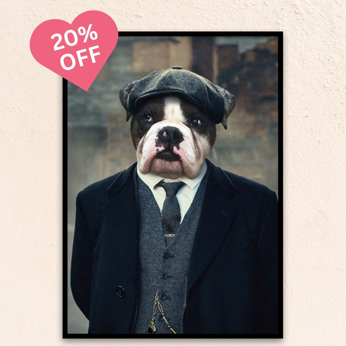 Custom medieval pet portrait titled The Gangster, featuring a pet in confident pose, wrapped in a tailored coat and cap, blending charm with streetwise flair.