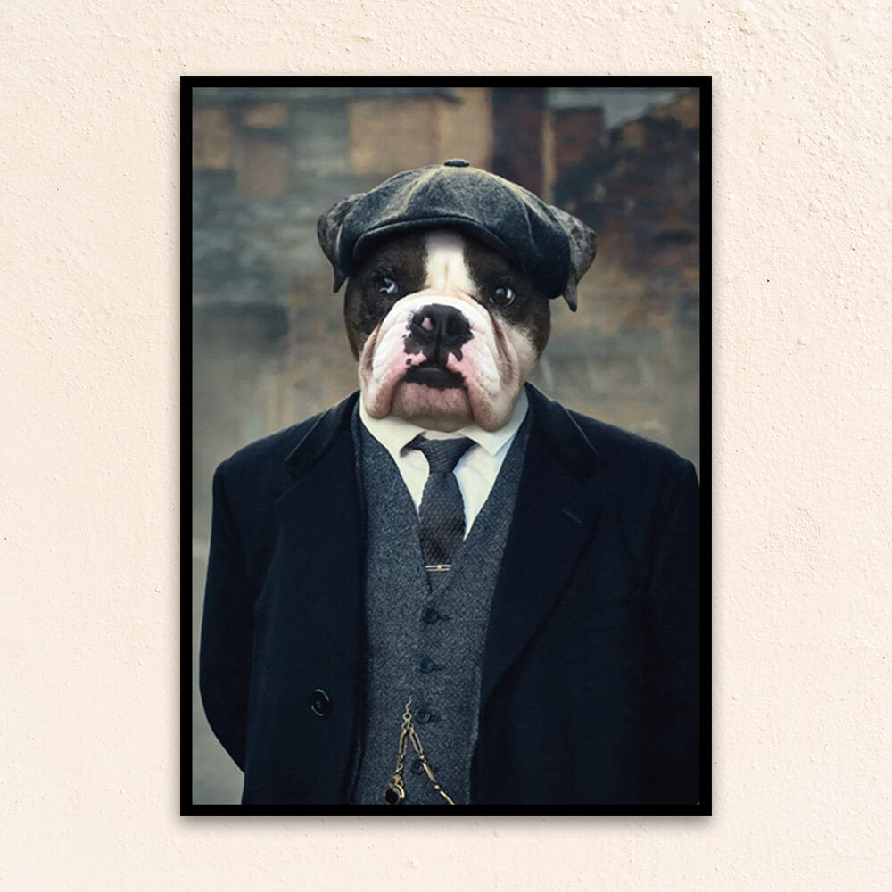 Close-up of The Gangster custom regal dog portrait, highlighting the sharp outfit details, intense gaze, and bold personality of your dog's true character.
